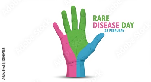 Vibrantly designed hand with rare disease day colors representing solidarity and global awareness for medical support and community engagement