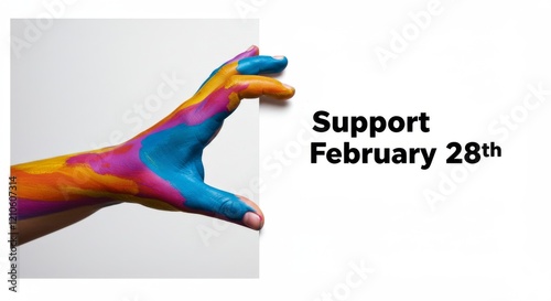 Multicolored hand with painted strokes promoting rare disease day awareness globally for healthcare and community solidarity campaign