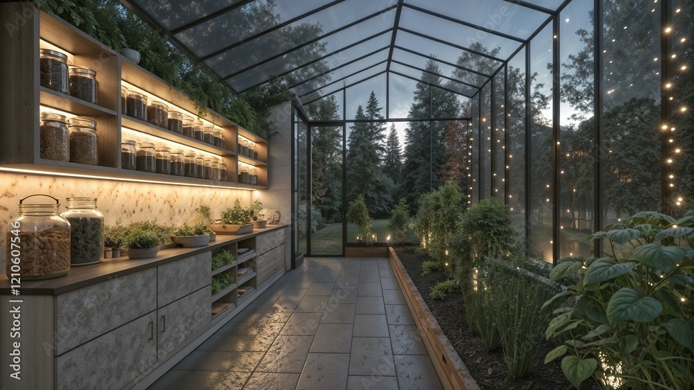 Modern greenhouse interior with plants and storage, illuminated with warm lights, cozy atmosphere
Modern greenhouse interior with plants and storage, illuminated with warm lights, cozy atmosphere