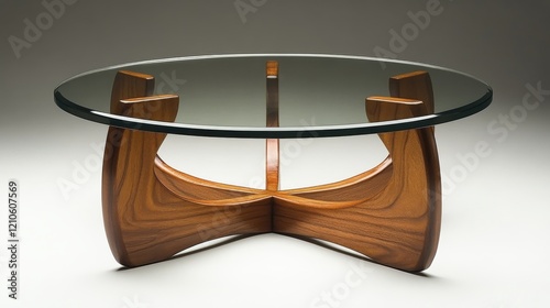 Modern wooden coffee table with glass top and curved legs in minimalist design
