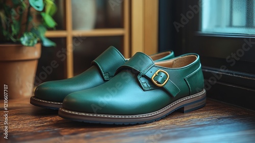 Stylish green leather shoes with buckle placed on a checkered floor