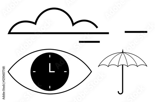 Cloud above, eye with clock face at center, and umbrella in clean geometric design. Ideal for weather, time, vision, surrealism, minimalism, creativity abstract line flat metaphor