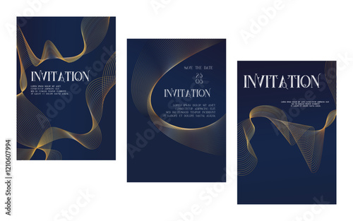 Elegant golden waves Luxury invitation card background. Premium geometric shape, bold gold line gradient on blue. Rich design for gala card, grand opening, party invitation, layout, templates.