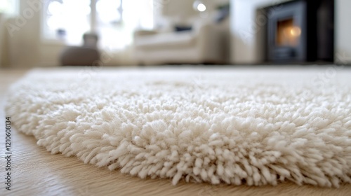 Fluffy rug, cozy living room, fireplace background, home decor