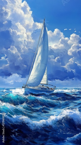 Sailing on a vibrant ocean with white sails under a bright blue sky and drama...