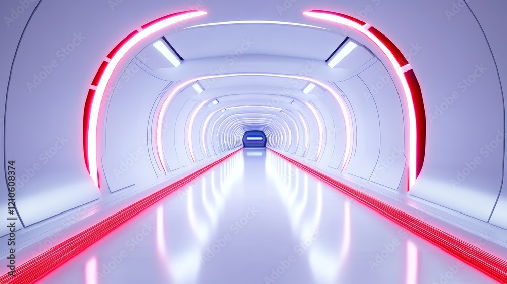 Obraz premium Sleek Futuristic White Corridor With Red Neon Lights - Minimalist futuristic tunnel, glowing red neon, sleek white walls, modern technology, endless pathway. Symbolizing progress, innovation, speed, f