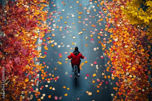 Vibrant autumn leaves blanket the road as a cyclist rides through a scenic fa...