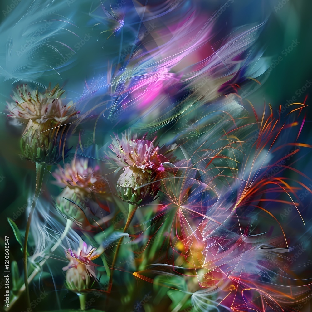 Obraz premium Whimsical Bloom: Abstract floral fantasy, vibrant wildflowers dance in a surreal, painterly style. Colors blend in a dreamy, ethereal atmosphere.