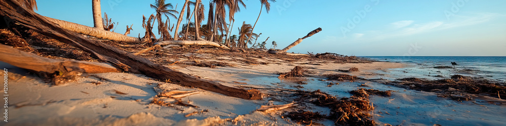 Coastal Beach Scene with Storm-Damaged Palm Trees and Driftwood Coastal Beach Scene with Storm-Damaged Palm Trees and Driftwood