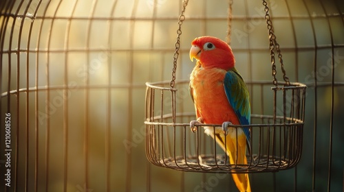 Colorful parrot perched inside cage showcasing vibrant feathers and curious e...