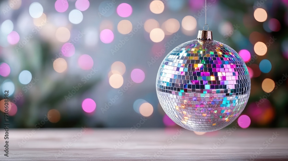 Fototapeta premium Shiny disco ball ornament hangs above a wooden table against a colorful bokeh background of festive lights.