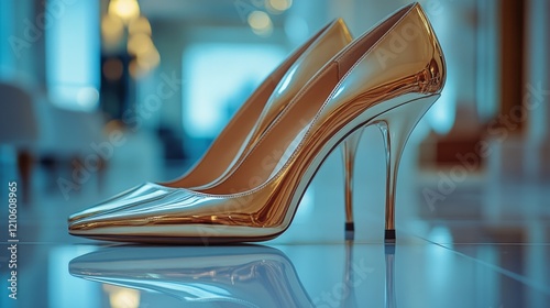 High heel shoes displayed on glossy floor in modern indoor setting with warm ...