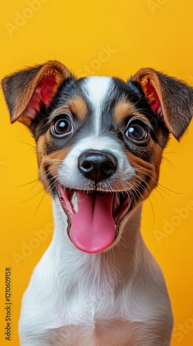 Happy puppy poses with vibrant colorful background displaying joy and playful...