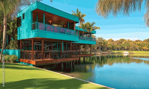 A stunning two-story container home surrounded by lush greenery, with notable architecture and an expansive outdoor living space