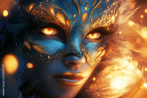 Beautiful woman wearing an elaborate blue mask with shimmering lights during ...