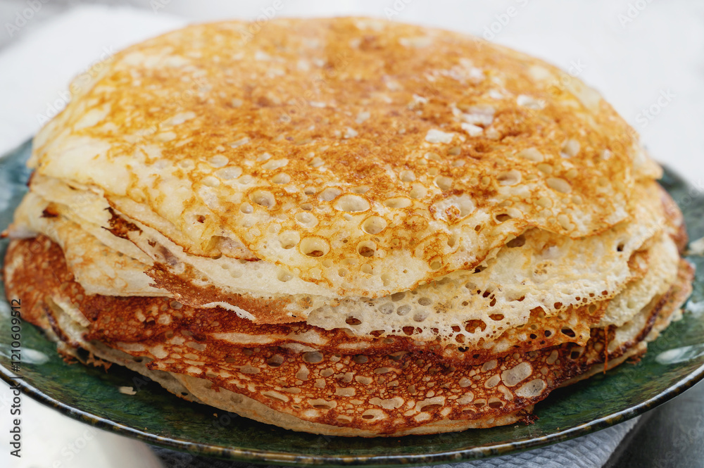 Pancakes. A stack of pancakes in close-up. Shrovetide. Pancake week