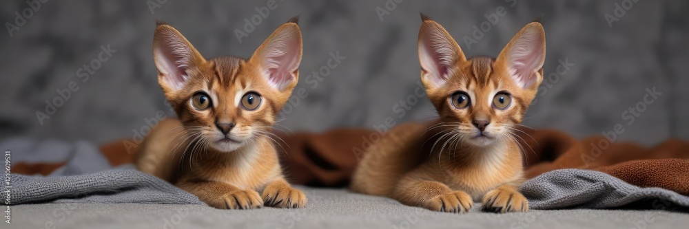 Abyssinian kitten lying on grey blanket looking straight ahead,  soft fur,  cute kitten,  calm cat