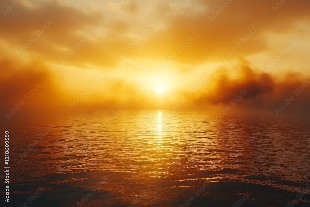 Fototapeta premium Fiery sunset over calm ocean with fog.