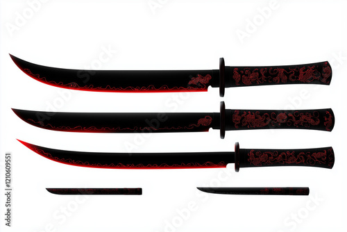 Good weapons for games. Decorative black and red knives with ornate designs photo