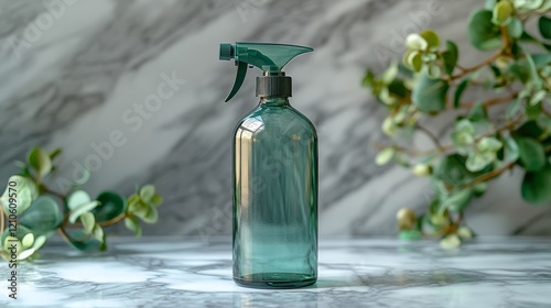 Clear green spray bottle on marble surface with foliage in the background
