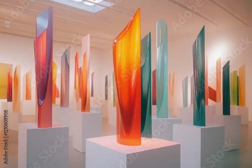 Artwork exhibited on white platforms in gallery