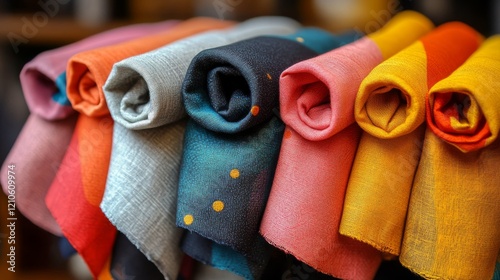 Colorful textiles arranged neatly in a cozy indoor setting showcasing vibrant...