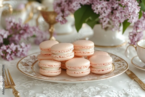 Delightful pink macarons arranged on a decorative plate with lilac flowers in...