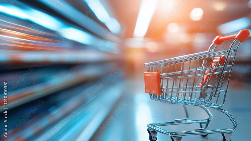Shopping cart in motion with blurred supermarket aisle Shopping cart in motion with blurred supermarket aisle