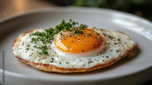Perfectly cooked fried egg with a golden yolk served on a neutral plate