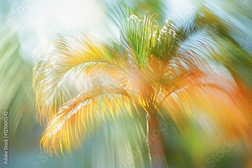 Palm trees swaying under bright sunlight with mist in a vibrant summer atmosp...