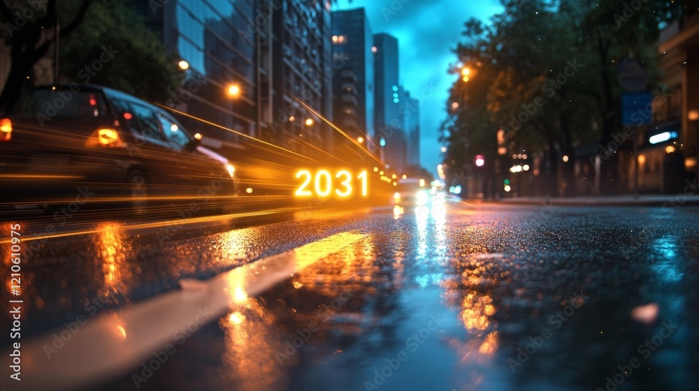 Obraz premium Futuristic Cityscape with 2031 Laser Projection. Generative AI