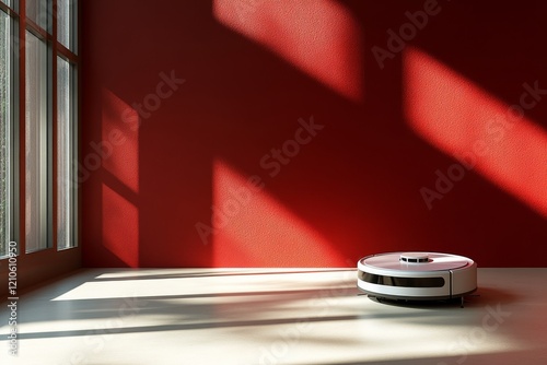 Modern robotic vacuum cleaner operating in sunlit room with red walls and sha...