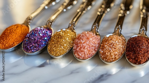 Various spices displayed in measuring spoons on a marble kitchen countertop