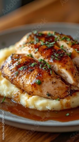 Delicious grilled chicken breast served on creamy mashed potatoes with fresh ...