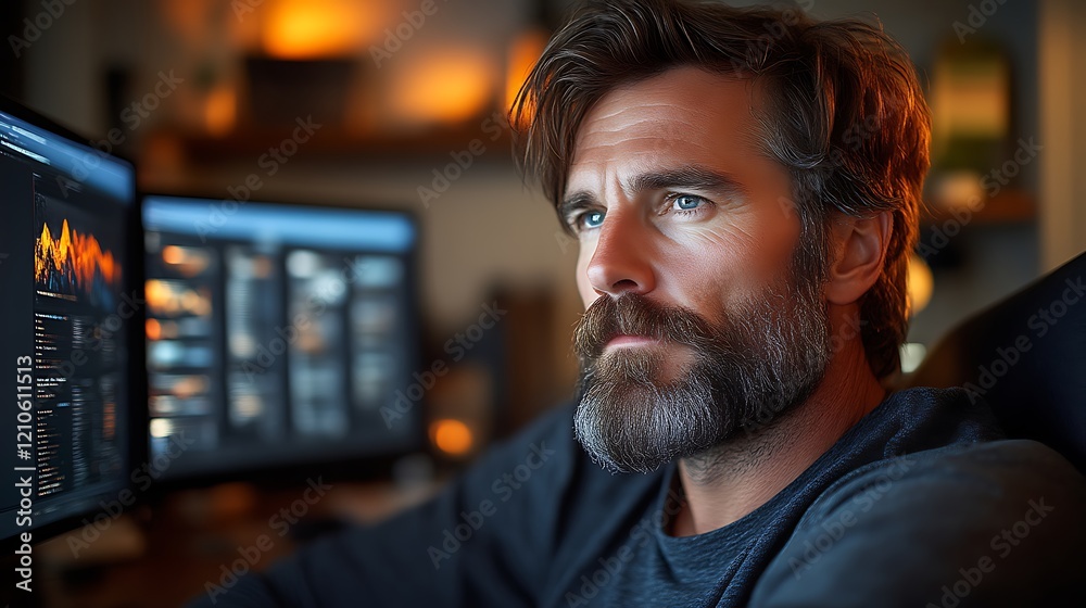 Pensive man working late at night on his computer, analyzing data. Pensive man working late at night on his computer, analyzing data.