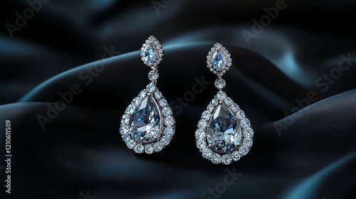 Intricate silver earrings adorned with blue and clear gemstones displayed on ...