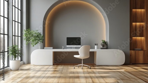 Modern home office setup featuring minimalist design and natural light in a s...