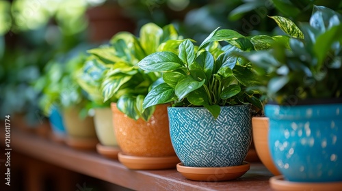 Decorative potted plants arranged in a row on a neutral background
