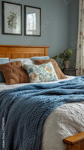 Comfortable bedroom with natural light and green plants enhancing the cozy at...