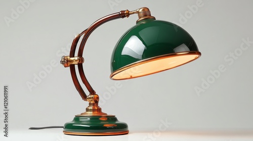 Elegant green desk lamp illuminating workspace with soft warm light in minima...