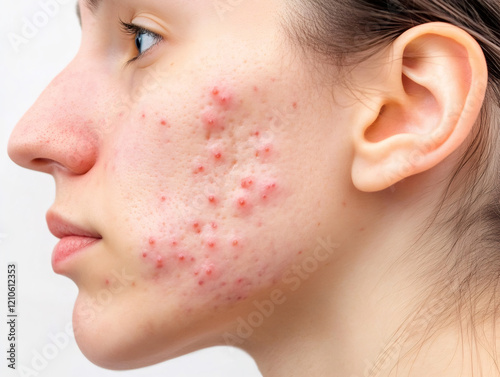 Young woman showing severe acne problem on face skin