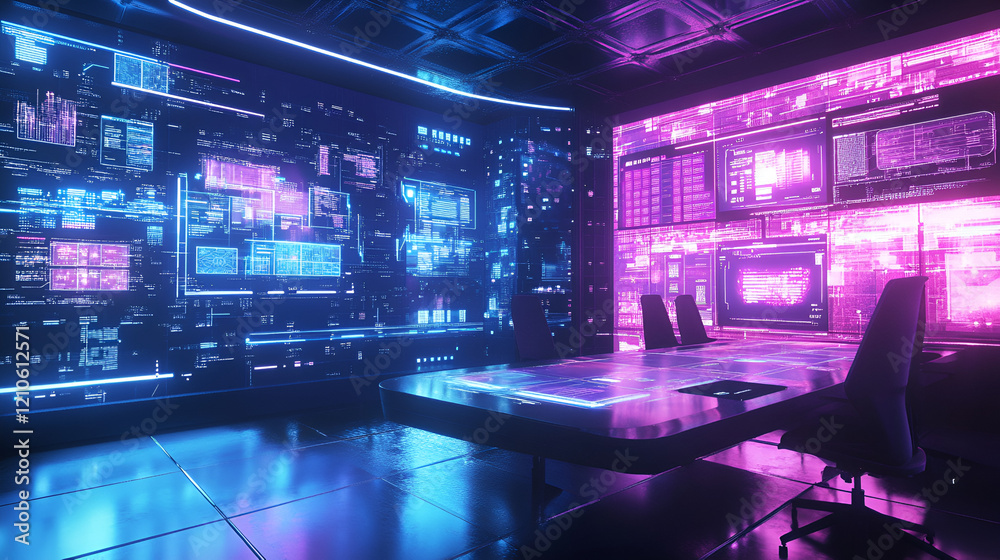A corporate office with floating holographic team A corporate office with floating holographic team