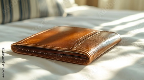 Elegant brown leather wallet resting on a soft surface in natural light