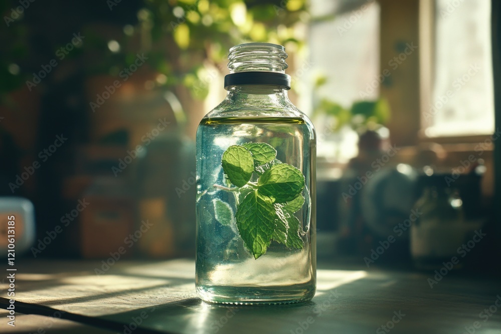 A glass bottle filled with water containing a small plant A glass bottle filled with water containing a small plant