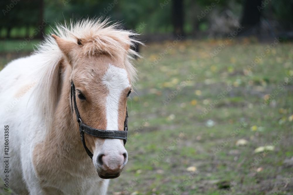 Obraz premium A small pony with a white body and tan patches enjoys a quiet moment in a grassy field. The setting features scattered autumn leaves and a backdrop of trees, conveying a peaceful atmosphere.