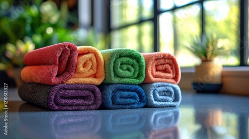Soft and colorful towels neatly arranged on a wooden surface with green plant...