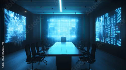 A corporate training room with holographic simulation