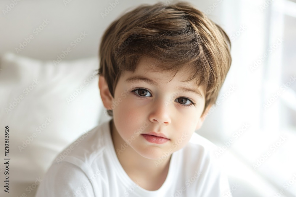 A young boy sits on the edge of his bed, perhaps lost in thought or daydreaming A young boy sits on the edge of his bed, perhaps lost in thought or daydreaming