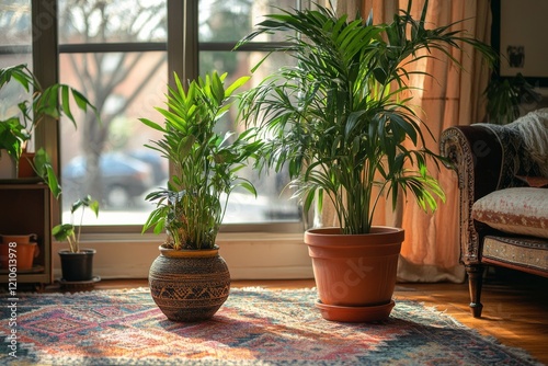 Indoor plants in cozy living room with sunlight streaming through windows