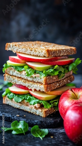 Fresh sandwich stacked with greens and apples on whole grain bread served wit...
